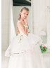 Beaded Ivory Tulle Peplum Print Flower Girl Dress